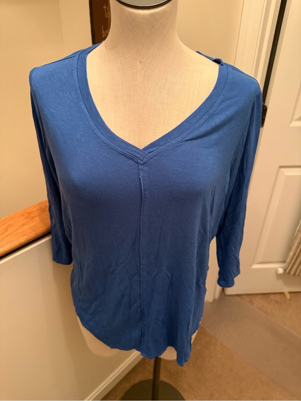 Relaxed V-Neck Long Sleeve Tee in Blue